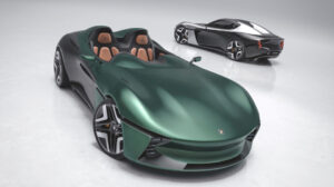 The Longbow Speedster and Roadster parked in a showroom