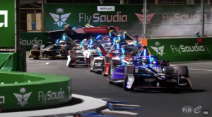 Formula E race cars on a racing track