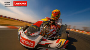 A Lenovo Kalì Kart Team kart drives at high speed on a racetrack