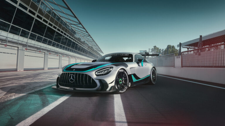 Mercedes-AMG introduces the GT2 Edition W16 – its most powerful customer racing car Promo pic of the Mercedes-AMG GT2 Edition W16 on a race track with a grandstand on the left-hand side