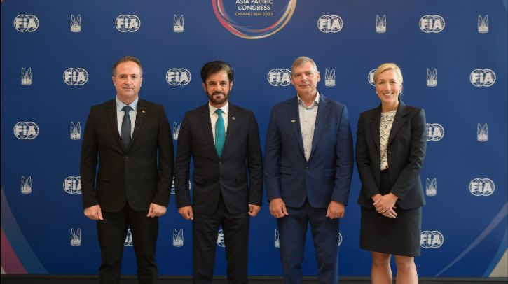 From left to right: FIA secretary general for automobile mobility and sustainability, Willem Groenewald, FIA president Mohammed Ben Sulayem, FIA vice president Tim Shearman, Greater Than's chief business officer and vice president Johanna Forseke.