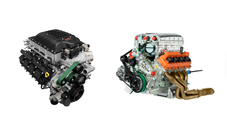 The Hellephant A30 426 Supercharged crate HEMI Engine (left) and 354 Supercharged Drag Pak HEMI Engine (right), shown in profile against a white background
