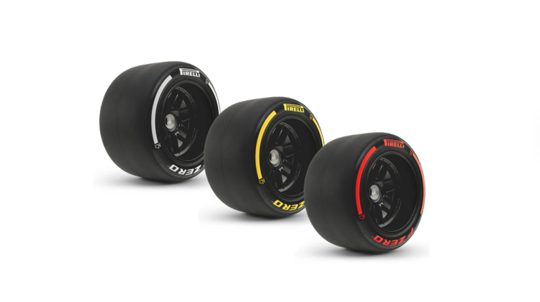 Pirelli finalizes 2026 Formula 1 tire compounds Three tires shown stacked next to each other in a promo photo – the Pirelli P Zero White - 3-4; Pirelli P Zero Yellow - 3-4; and the Pirelli P Zero Red - 3-4