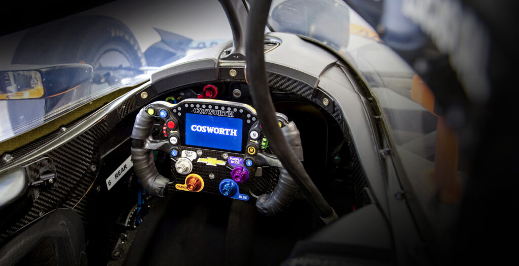 The Cosworth GT Steering Wheel with an LED screen and numerous grips and buttons