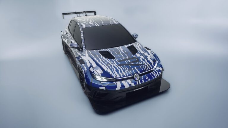 Promo pic of the VW Golf R against a grey background.
