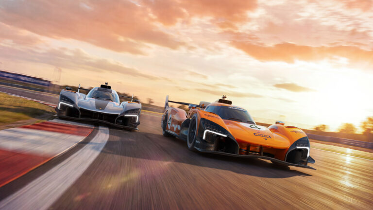 The McLaren MCL-HY hypercar and MCL-HY GTR track car derivative drive on an empty race track at sundown.