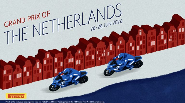 Graphic with two riders in blue on blue racing motorcycles in front of a row of red townhouses depicting the GP of the Netherlands