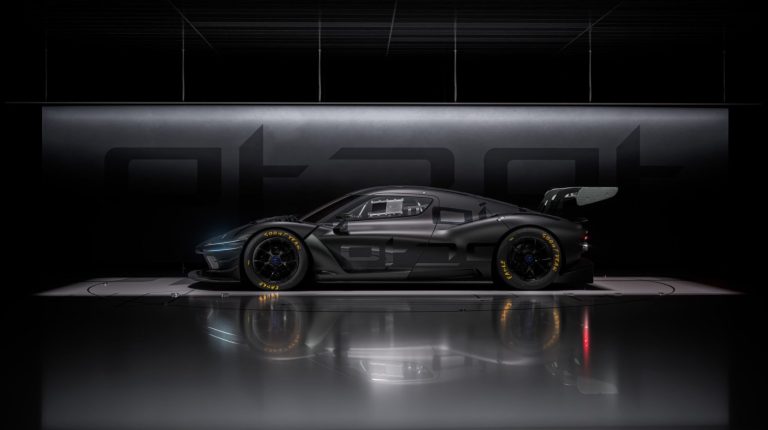 Genesis Magma GT3 Concept unveiled Profile of the new Genesis Magma GT3 Concept in a dark black showroom.