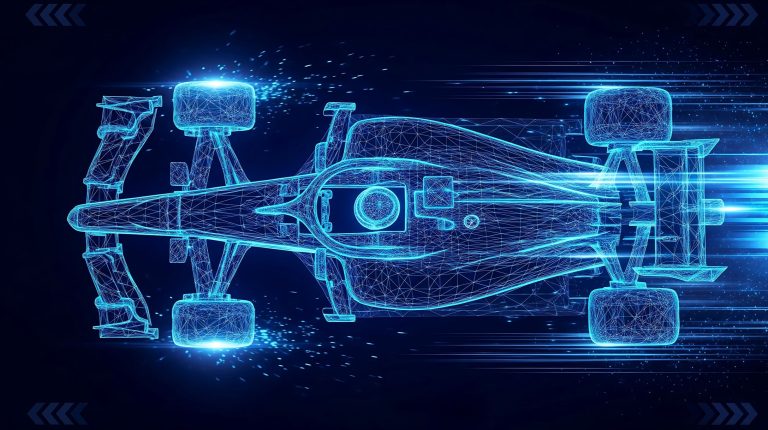 An outline of a motorsport racing car against a dark background.