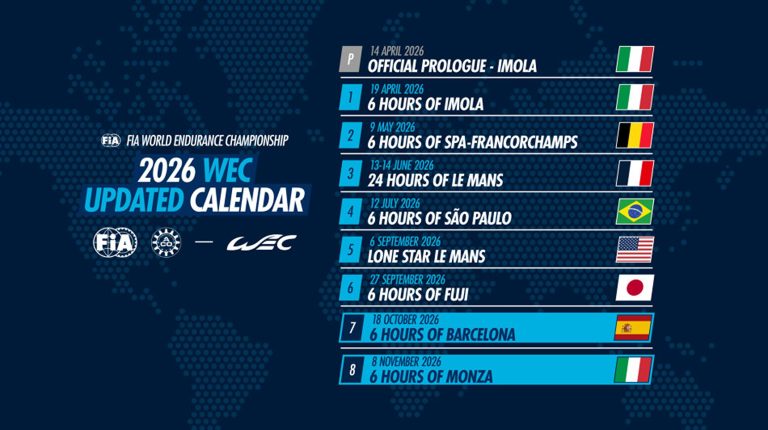 The 2026 FIA WEC calendar against a dark blue background with branding logos.