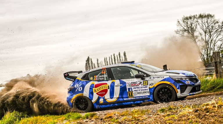 Hankook named exclusive tire supplier for Belgian Rally Championship A Belgian Rally car takes a turn at high speed, with dust and dirt flying.