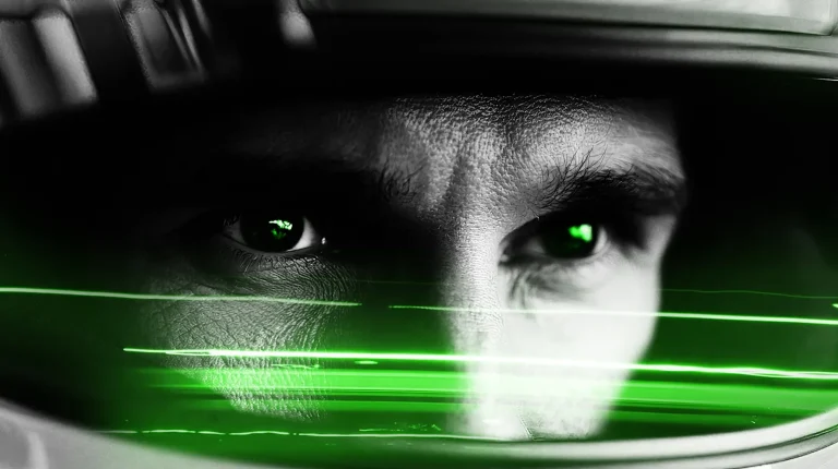 Fortescue Zero to compete in Formula E with Jaguar Gen4 powertrain Close up of the face of a man wearing a motor racing helmet against a green and black background.